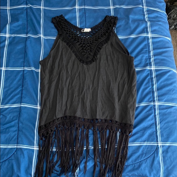 vivid Tops - Black Fringe Sleeveless v-neck Top
